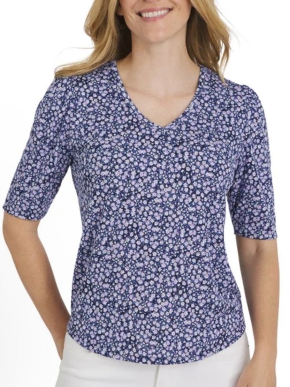 Lands' End Women's Blue Floral (Purple Rose) Pointelle Elbow Sleeve Top